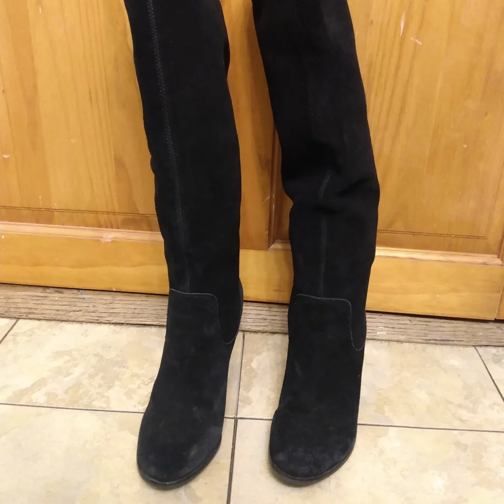 Michael Shannon Abbie Knee High Boots Womens Size 6 Black Suede Leather Zip